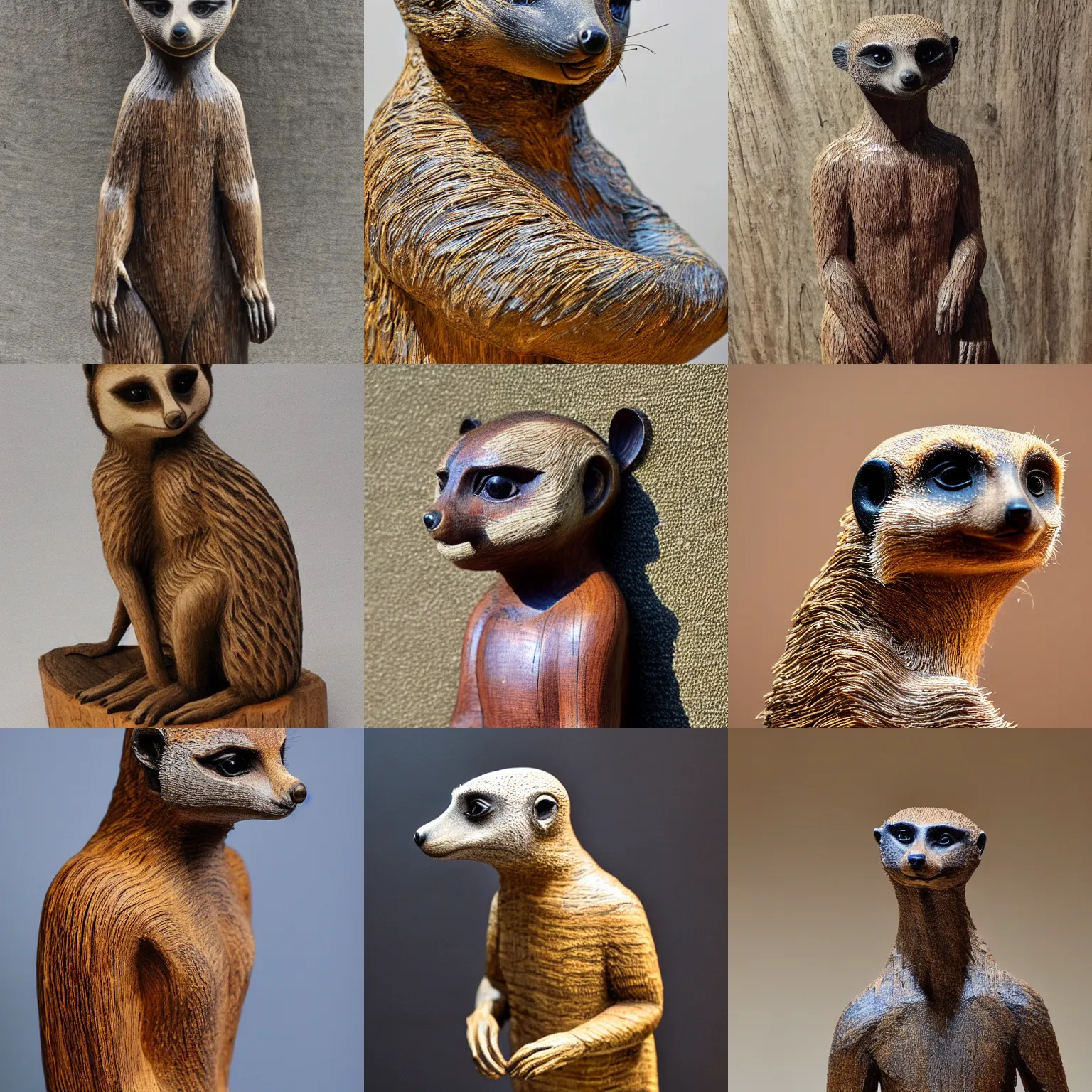 Prompt: detailed wood sculpture of a heroic meerkat