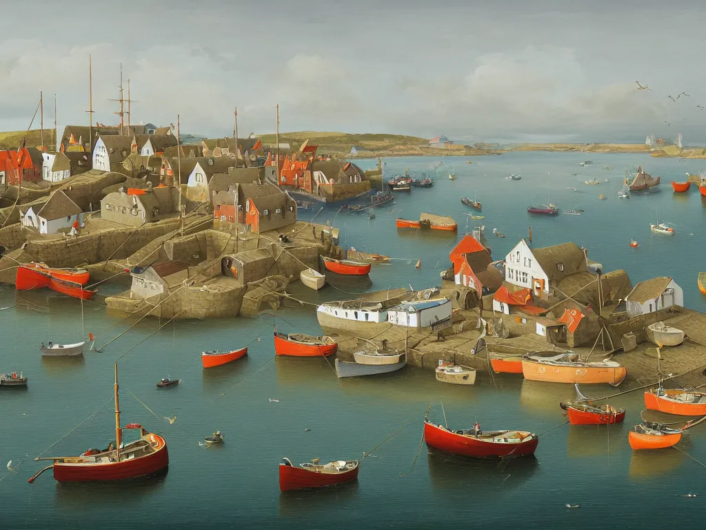 Image similar to a detailed gouache painting illustration of a typical English coastal fishing harbor, by Michiel Schrijver, ultra-hd, sharp focus, isometric