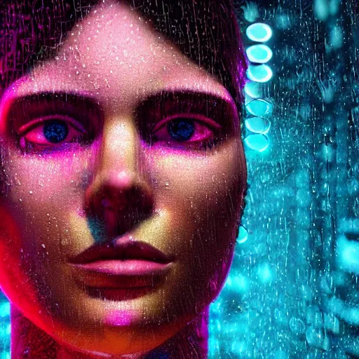 Image similar to human portrait sculpted out of rain, beautiful, neon, epic detail, galactic background, rendered in octane, unreal engine, realistic