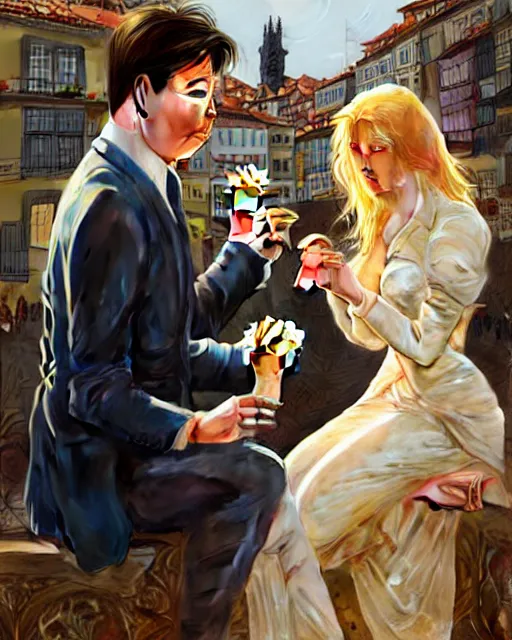 Prompt: Portrait of a blonde lady and Michael mcintyre eating ice creams in Porto,real life skin, intricate, elegant, highly detailed, artstation, concept art, smooth, sharp focus, art by artgerm and greg rutkowski and alphonse mucha