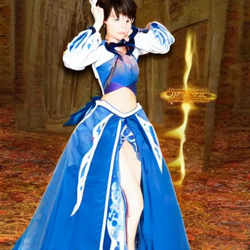 Image similar to rowen atkinson mid magic outfit transformation, anime style, ball gown dress