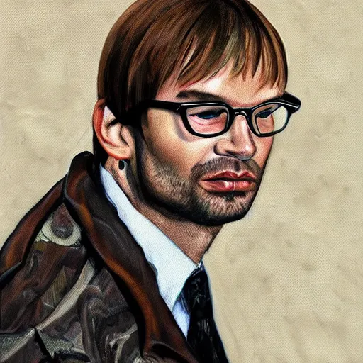 Image similar to jeffrey dahmer using gucci inmate clothes in catwalk court, oil painting, ultradetailed, digital painting, ultradetailed, perfect face, jeffrey dahmer face