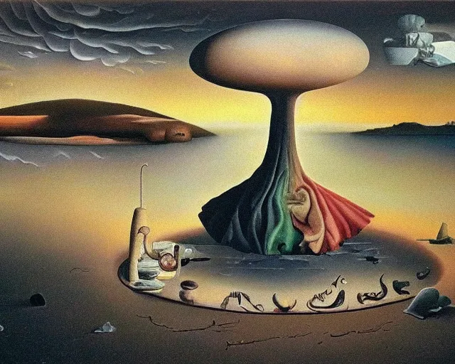 Prompt: the best surrealist masterpiece of all times by the biggest surrealist master painter, surrealist elements, surrealist atmosphere, surrealism, hypersurrealism, surrealistic