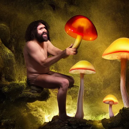 Image similar to caveman discovering magic mushrooms for the first time. 8 k photograph