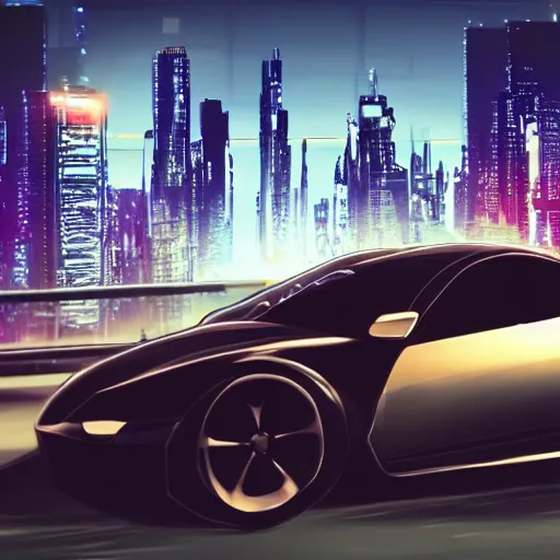 Image similar to The car is driving, with a gorgeous city in the background, cyberpunk, lots of detail