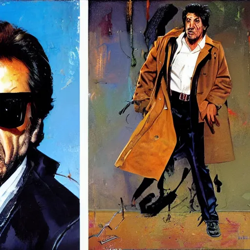 Image similar to full body and head portrait of al pacino in tattered suit and trench coat, dynamic action, painted by norman rockwell and phil hale and greg staples and tom lovell and frank schoonover and jack kirby