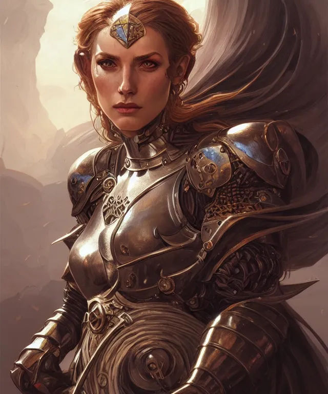 Image similar to Muscular and powerful medieval knight woman portrait full face, sci-fi, amber eyes, face, long hair, fantasy, intricate, elegant, highly detailed, digital painting, artstation, concept art, smooth, sharp focus, illustration, art by artgerm and greg rutkowski and alphonse mucha