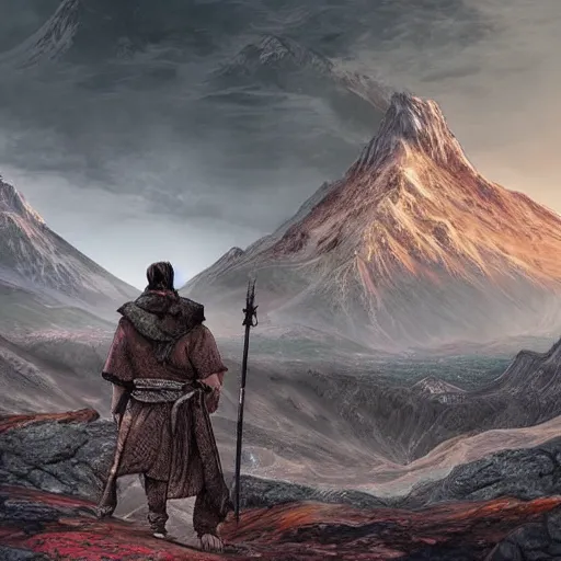 Prompt: man with scars exploring a land where he got a mountain like the mordor to explore, gege akutami style, overdetailed art, realistic, colorfull,