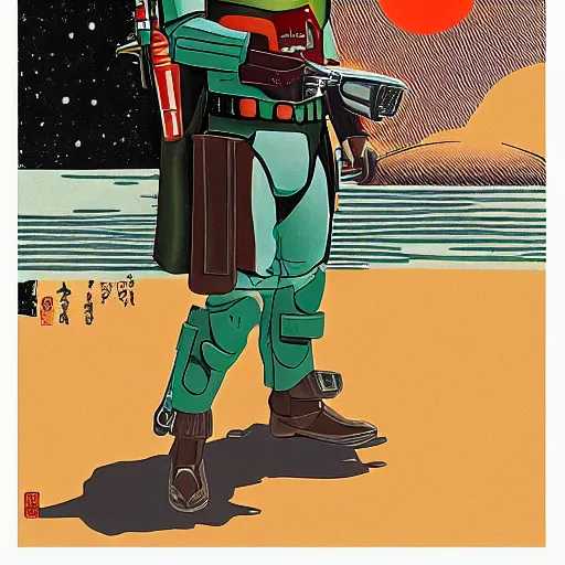 Image similar to boba fett at a cantina, ukio-e artstyle