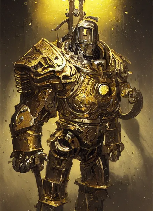 Image similar to dynamic portrait of a intricate glorious holy mechanical warforged character in yellow armor holding a paladin engraved great longsword and carrying a big paladin shield, spotlight from face , epic , trending on ArtStation, masterpiece, cinematic lighting, by Jesper Ejsing and by Yoann Lossel and by John Salminen and by Jackson Pollock and by Marc Simonetti