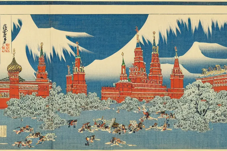 Prompt: moscow state university main building, being attacked by samurais, by katsushika hokusai