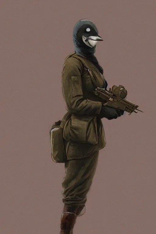 Image similar to ww 1 british sas female masked operative with the standard black uniform and a white porcelain crow mask, artstation, trending on artstation, establishing shot, by simon stalenhag