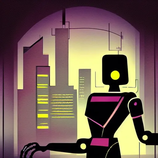 Image similar to “femme 1950s robot, facing a futuristic city, art deco, on canvas, dramatic lighting, clean dark lines, glowing highlights”