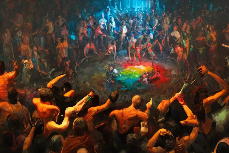 Prompt: palette knife oil painting of a crowd of clubbers surrounding two supernatural fighters in a concave circular fighting pit. concrete, psychedelic lighting, extreme detail, artstation trending, artgerm, any racial background, deviant art, octane, substance, art history 8 k