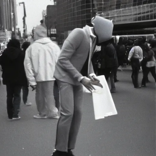 Prompt: jarvis conehead 1980s street performer film