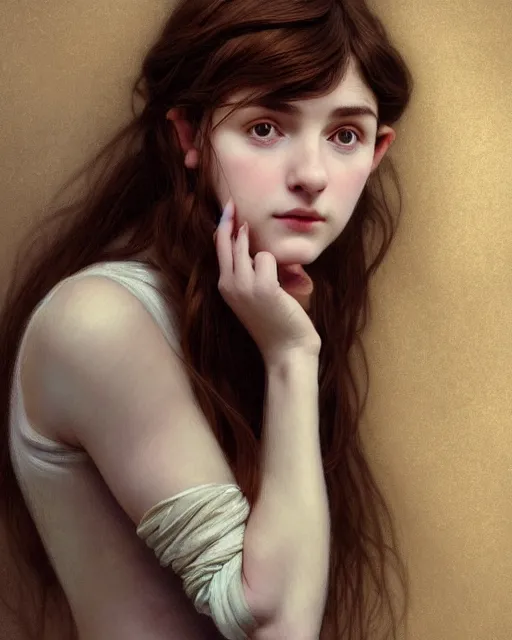 Prompt: !dream portrait of a welsh teenage girl with brown hair, glowing skin, delicate features, quiet beauty, amelie poulain, elfin beauty, fantasy, intricate, elegant, dress shirt, highly detailed, digital painting, artstation, concept art, smooth, sharp focus, illustration, art by Krenz Cushart and Artem Demura and alphonse mucha