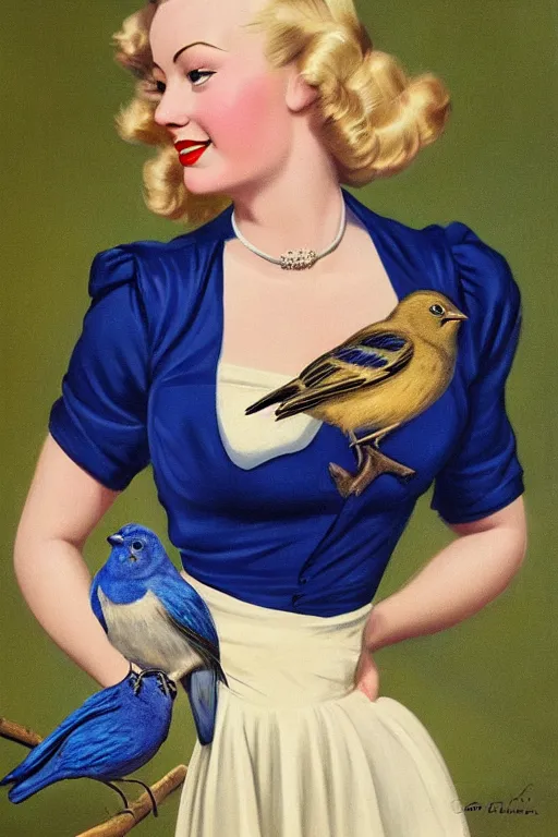 Image similar to portrait of 1 9 4 0 s blond pinup girl holding an indigo bunting, bird, the bird is wearing a bowtie, by greg rutkowski, rossdraws, gil elvgren, enoch bolles, porcelain skin, glistening, very coherent,