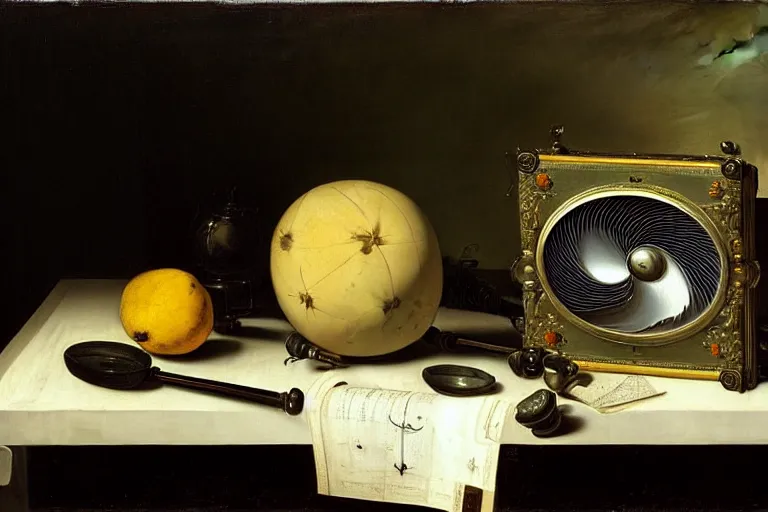 Prompt: a vanitas painting depicting an NVIDIA RTX A100 GPU, graphics card by pieter claesz and clara peeters