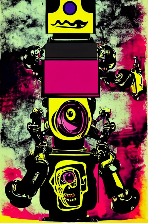 Prompt: extreme wide shot of a robot pirate, wearing an eye patch, Bionic Arms. pop surrealism, pop art. digital art. by Andy Warhol, wide shot