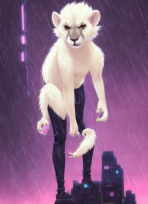 Prompt: award winning beautiful portrait commission of a male furry anthro albino mountain lion fursona with a tail and a cute beautiful attractive detailed furry face wearing stylish black, blue, and pink cyberpunk clothes in a cyberpunk city at night while it rains. Character design by charlie bowater, ross tran, artgerm, and makoto shinkai, detailed, inked, western comic book art