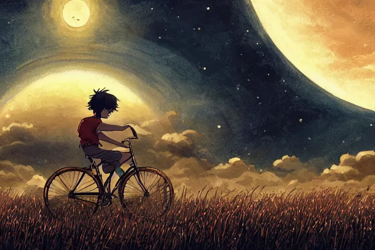 Prompt: a boy riding his bike alone through a field night sky moon, high intricate details, rule of thirds, golden ratio, cinematic light, anime style, graphic novel by fiona staples and dustin nguyen, by beaststars and orange, peter elson, alan bean, studio ghibli, makoto shinkai