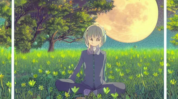 Image similar to Kokomi sitting in a field of Ghibli Clover | Big Moon at Blue Night | GLOWING FLOWERS | strong blue rimlit | visual-key | anime illustration | highly detailed High resolution | in the style of Anmi