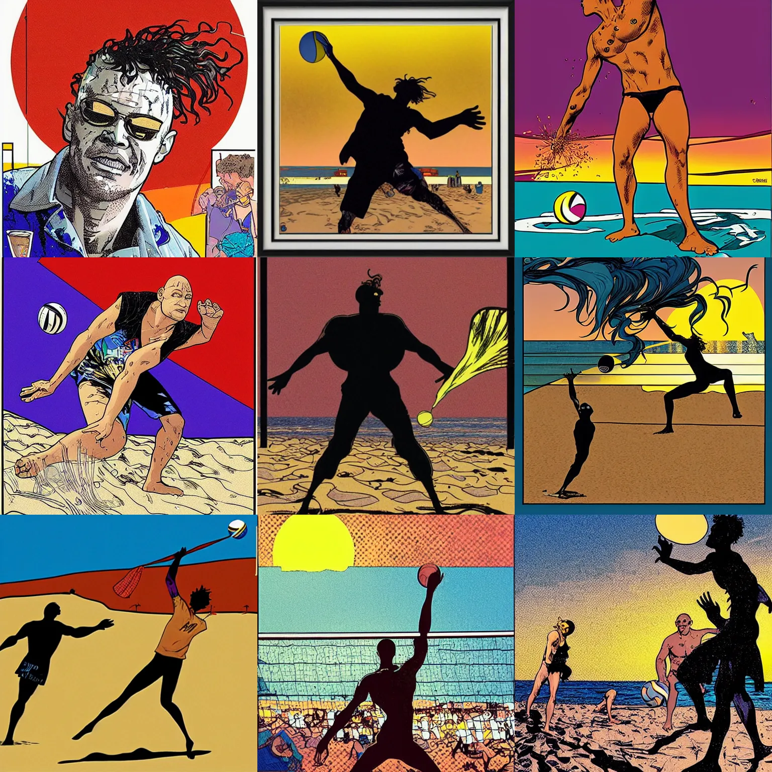 Prompt: morpheus from the sandman playing beach volleyball at sunset, long shadows, pop art, splash painting, art by geof darrow, ashley wood, alphonse mucha