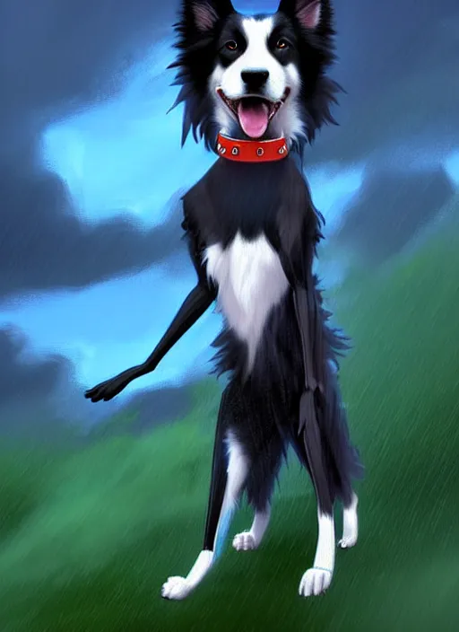 Image similar to full body digital painting of a cute male anthropomorphic border collie fursona wearing a blue dog collar and standing in the rain, furaffinity, beautiful, model pose, realistic proportions, highly detailed, scenic background, trending on artstation, art by charlie bowater and henry asencio and and ross tran