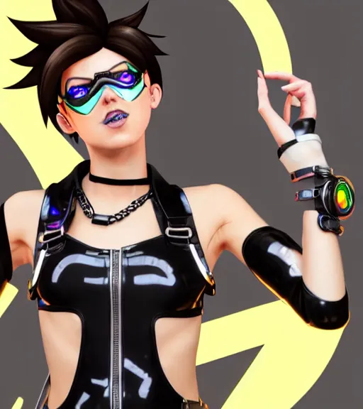 Image similar to full body digital artwork of tracer overwatch, wearing black iridescent rainbow latex tank top, 4 k, expressive happy smug expression, makeup, in style of mark arian, wearing detailed black leather collar, chains, black leather harness, leather cuffs around wrists, detailed face and eyes,