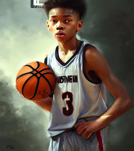 Image similar to portrait of a boy at a basketball court playing basketball wearing a basketball jersey in a basketball court standing near the basketball hoop, intense emotion, (detailed facial expression), detailed surroundings, intricate, elegant, highly detailed, centered, digital painting, artstation, concept art, smooth, sharp focus, illustration, by (Peter Mohrbacher), WLOP