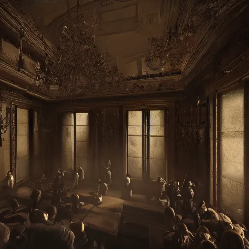 Image similar to A room full of people, vampires, high ceiling, victorian, soft light, ominous, photorealistic, detailed, 8k