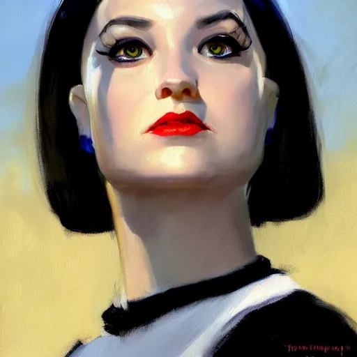 Image similar to greg manchess portrait painting of wednesday from addams family as overwatch character, medium shot, asymmetrical, profile picture, organic painting, sunny day, matte painting, bold shapes, hard edges, street art, trending on artstation, by huang guangjian and gil elvgren and greg rutkowski