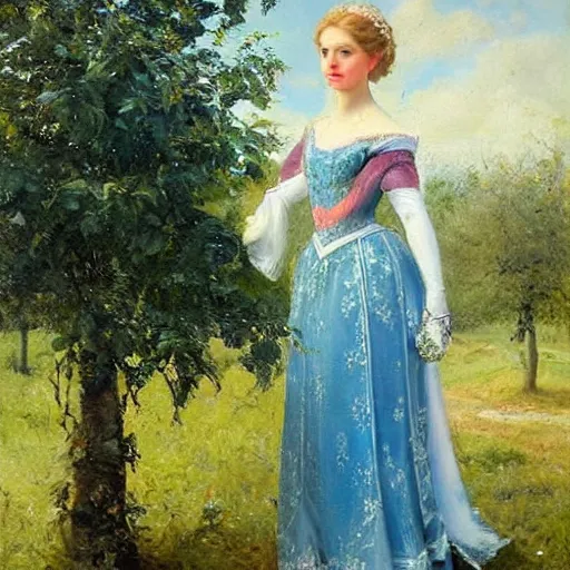 Prompt: portrait of princess elsa outside in an orchard, painted by nikolay makovsky, detailed