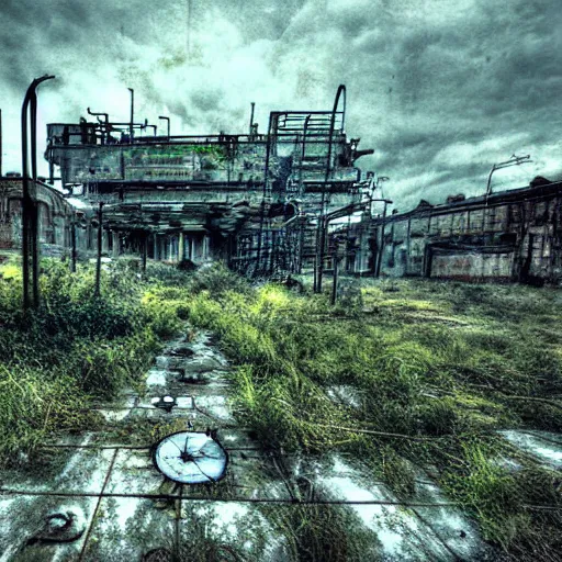 Prompt: hyper-industrial steam punk abandoned city photo overgrown taken at dusk, realistic painting, sad themed