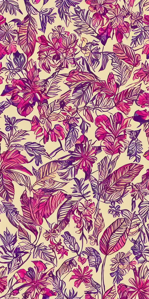 Prompt: ornate decorative hawaiian pattern background, digital asset, line art, watercolour, pretty flowers, leaves, pbr, 8 k, kdp, perfect symmetry, in the style of cath kidston, emma bridgewater and paperchase