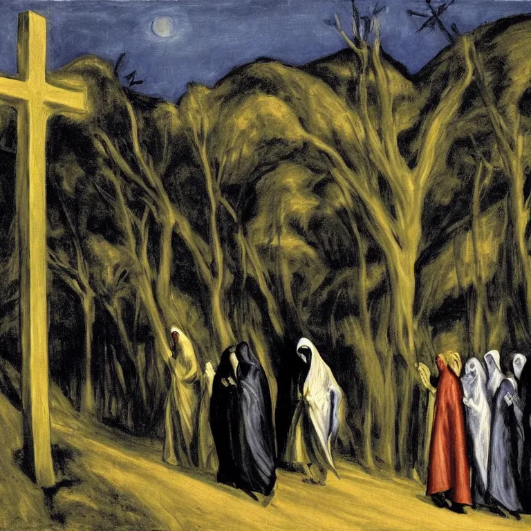 Image similar to A colour painting of a Holy Week procession of grim reapers in a lush Spanish landscape at night. A hooded figure at the front holds a cross. El Greco, Carl Gustav Carus, Edward Hopper.