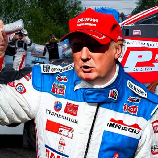 Prompt: russian Donald Trump as a Russia Nascar driver