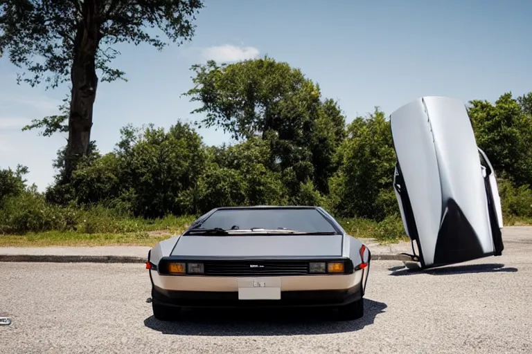 Image similar to a single delorean and tesla roadster hybrid, dslr