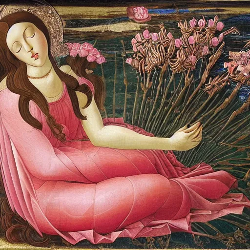 Prompt: an ultradetailed mythological oil painting of a beautiful woman with long brown hair, full body, wearing pink floral gown, lying asleep within a giant scallop shell, near the seashore, intricate lines, elegant, renaissance style, by sandro botticelli