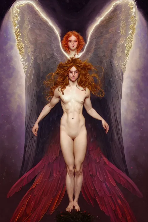 Image similar to symmetrical fullbody portrait of a beautiful young fit male angel with curly blond hairs, fulldressed in long fluent clothes, majestic big red bat wings, luminous fire halo, by greg rutkowski and alphonse mucha, gradient white to gold, in front of an iridescent background, highly detailed portrait, digital painting, artstation, concept art, smooth, sharp focus illustration