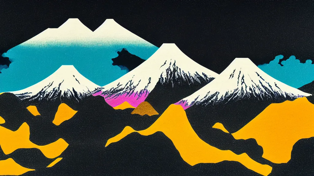 Prompt: japan tateyama mountain range toyama, a collage painting, in the style of wes anderson, lola dupre, david hockney, isolated on negative space background dark monochrome neon spraypaint accents volumetric octane render