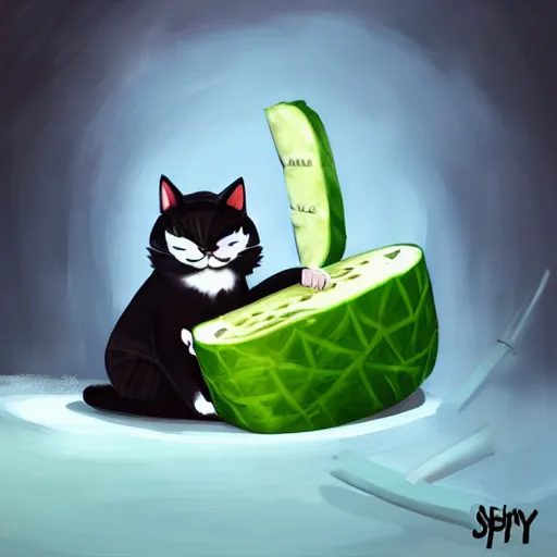 Prompt: a cat dressed like a samurai slicing a giant cucumber with a sword, digital art, artstation cgsociety masterpiece