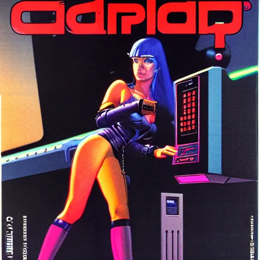 Image similar to cable plugged into cyberdeck, right temple, cyberpunk woman, computer, 1 9 7 9 omni magazine cover, style by vincent di fate, cyberpunk 2 0 2 0