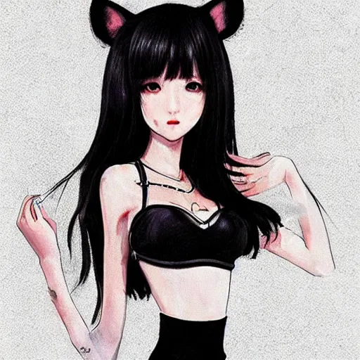 Image similar to realistic beautiful gorgeous natural cute Blackpink Lalisa Manoban black hair fur black cat ears, wearing white camisole summer outfit, headphones, black leather choker artwork drawn full HD 4K highest quality in artstyle by professional artists WLOP, Aztodio, Taejune Kim, Guweiz on Pixiv Instagram Artstation