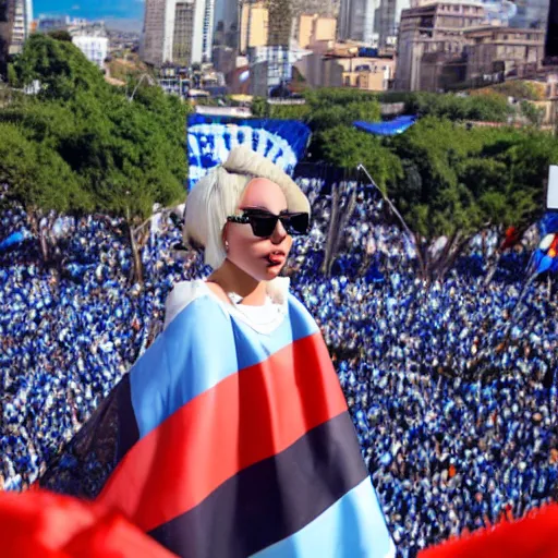 Image similar to Lady Gaga as president, Argentina presidential rally, Argentine flags behind, bokeh, giving a speech, detailed face, Argentina