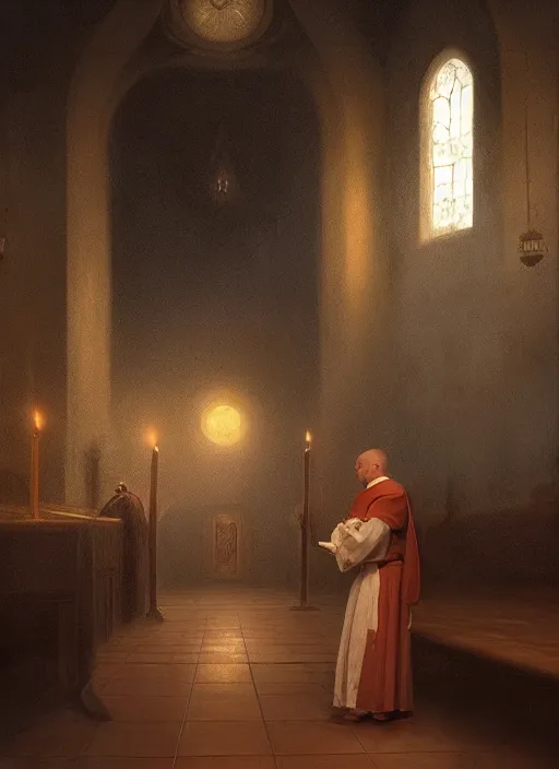 Image similar to oil painting portrait of a weeping sobbing tonsured dominican monk in a brown habit, kneeling in a moonlit empty chapel at night, hazy, digital art, artstation, cinematic, moonlight, digital art painting by greg rutkowski, hazy atmosphere, candles, cinematic blue lighting