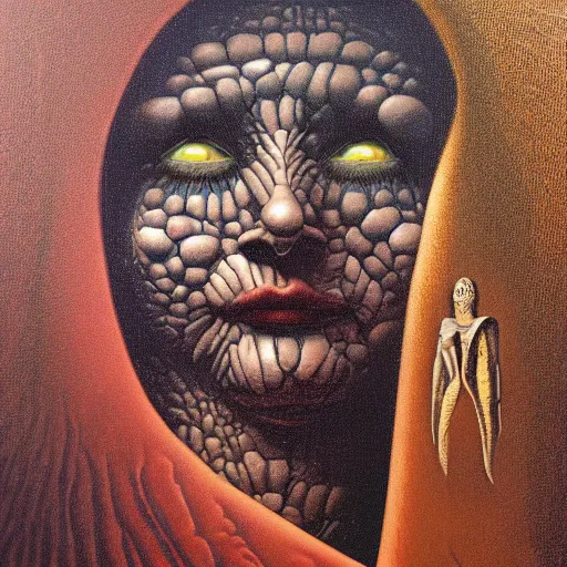 Image similar to monalisa by jacek yerka, alex gray, zdzisław beksiński, dariusz zawadzki, jeffrey smith and h.r. giger, oil on canvas, 8k highly professionally detailed, trending on artstation