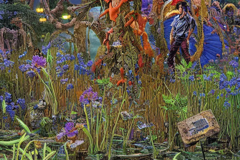 Image similar to super - detailed scene twilight junkyard, louisiana swamps, indigo blooming flowers garden, 8 k, 8 0 s japanese sci - fi books art, artwork by jean giraud