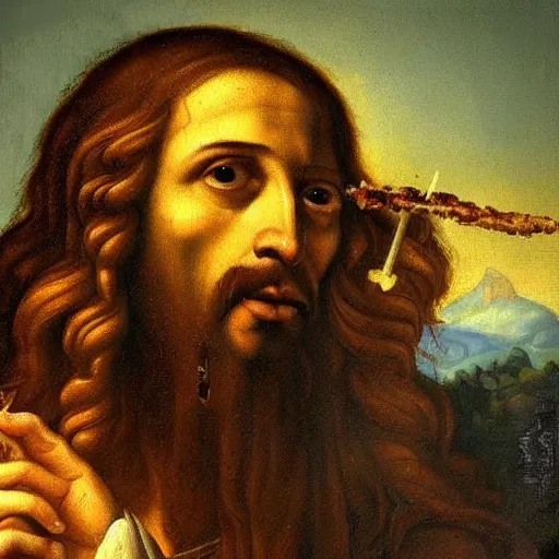 Image similar to an impasto oild painting of jesus smoking a cannabis joint painted by leonadro da vinci, rennaissance painting, high detailed oil painting, masterpiece, artstation