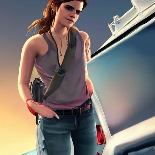 Image similar to emma watson in gta v, cover art by stephen bliss, artstation, no text